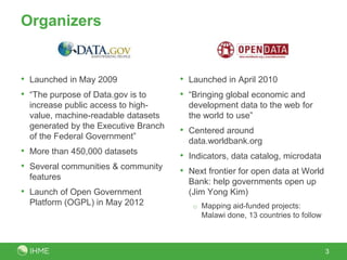 Organizers
• Launched in May 2009
• “The purpose of Data.gov is to
increase public access to high-
value, machine-readable datasets
generated by the Executive Branch
of the Federal Government”
• More than 450,000 datasets
• Several communities & community
features
• Launch of Open Government
Platform (OGPL) in May 2012
• Launched in April 2010
• “Bringing global economic and
development data to the web for
the world to use”
• Centered around
data.worldbank.org
• Indicators, data catalog, microdata
• Next frontier for open data at World
Bank: help governments open up
(Jim Yong Kim)
o Mapping aid-funded projects:
Malawi done, 13 countries to follow
3
 
