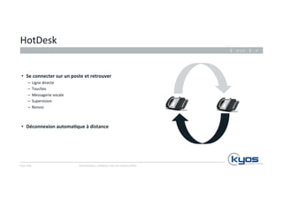 HotDesk 
• Se 
connecter 
sur 
un 
poste 
et 
retrouver 
– Ligne 
Kyos 
SARL 
directe 
– Touches 
– Messagerie 
vocale 
– Supervision 
– Renvoi 
• Déconnexion 
automaIque 
à 
distance 
Communiquez, 
collaborez 
avec 
les 
solu4ons 
Mitel 
26.11.14 
22 
 