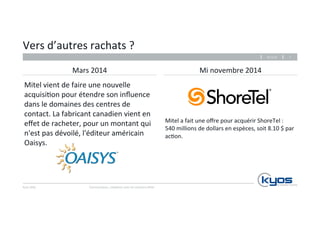 Vers 
d’autres 
rachats 
? 
Kyos 
SARL 
Mars 
2014 
Mitel 
vient 
de 
faire 
une 
nouvelle 
acquisi4on 
pour 
étendre 
son 
influence 
dans 
le 
domaines 
des 
centres 
de 
contact. 
La 
fabricant 
canadien 
vient 
en 
effet 
de 
racheter, 
pour 
un 
montant 
qui 
n'est 
pas 
dévoilé, 
l'éditeur 
américain 
Oaisys. 
Mi 
novembre 
2014 
26.11.14 
Mitel 
a 
fait 
une 
offre 
pour 
acquérir 
ShoreTel 
: 
540 
millions 
de 
dollars 
en 
espèces, 
soit 
8.10 
$ 
par 
ac4on. 
Communiquez, 
collaborez 
avec 
les 
solu4ons 
Mitel 
7 
 