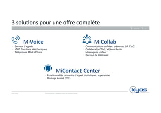 3 
solu4ons 
pour 
une 
offre 
complète 
Kyos 
SARL 
26.11.14 
Communiquez, 
collaborez 
avec 
les 
solu4ons 
Mitel 
9 
• Serveur d’appels 
• +500 Fonctions téléphoniques 
• Téléphones Mitel MiVoice 
MiCollab 
• Communications unifiées, présence, IM, CtoC, 
• Collaboration Web, Vidéo et Audio 
• Messagerie unifiée 
• Serveur de télétravail 
• Fonctionnalités de centre d’appel, statistiques, supervision 
• Routage évolué (IVR) 
MiVoice 
MiContact 
Center 
 