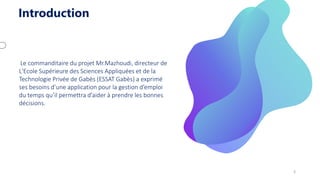 Introduction
Le commanditaire du projet Mr.Mazhoudi, directeur de
L'Ecole Supérieure des Sciences Appliquées et de la
Technologie Privée de Gabès (ESSAT Gabès) a exprimé
ses besoins d’une application pour la gestion d’emploi
du temps qu’il permettra d’aider à prendre les bonnes
décisions.
3
 