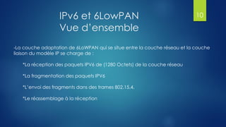 IPv6 et 6LowPAN
Vue d’ensemble
-La couche adaptation de 6LoWPAN qui se situe entre la couche réseau et la couche
liaison du modèle IP se charge de :
*La réception des paquets IPV6 de (1280 Octets) de la couche réseau
*La fragmentation des paquets IPV6
*L’envoi des fragments dans des trames 802.15.4.
*Le réassemblage à la réception
10
 