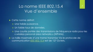 La norme IEEE 802.15.4
Vue d’ensemble
 Cette norme définit:
 Une faible puissance.
 Un faible taux de données.
 Une courte portée des transmissions de fréquence radio pour les
« wireless personal area networks » (WPANs).
 La taille maximale d’une trame transmise Via le protocole de
communication IEEE 802.15.4 est de 127 Octets.
7
 
