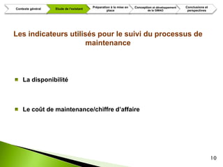 Préparation à la mise en   Conception et développement   Conclusions et
Contexte général   Etude de l’existant
                                                  place                     de la GMAO             perspectives




Les indicateurs utilisés pour le suivi du processus de
                     maintenance



    La disponibilité



    Le coût de maintenance/chiffre d’affaire




                                                                                                                   10
 