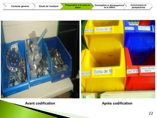 Préparation à la mise en   Conception et développement   Conclusions et
Contexte général    Etude de l’existant
                                                   place                     de la GMAO             perspectives




            Avant codification                                             Après codification

                                                                                                                    22
 