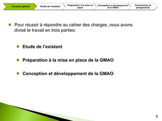 Préparation à la mise en   Conception et développement   Conclusions et
Contexte général   Etude de l’existant
                                                  place                     de la GMAO             perspectives




  Pour réussir à répondre au cahier des charges ,nous avons
  divisé le travail en trois parties:


         Etude de l’existant

         Préparation à la mise en place de la GMAO

         Conception et développement de la GMAO




                                                                                                                   6
 