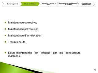 Préparation à la mise en   Conception et développement   Conclusions et
Contexte général   Etude de l’existant
                                                  place                     de la GMAO             perspectives




 Maintenance corrective;

 Maintenance préventive;

 Maintenance d’amélioration;

 Travaux neufs.


 L’auto-maintenance est effectué par les conducteurs
 machines.




                                                                                                                   9
 