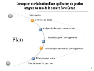 Plan
Analyse des besoins et conception
Paramétrage et Développement
Technologies et outils de développement
Réalisation et testes
Introduction
Conclusion et Perspectives
Contexte du projet
Conception et réalisation d'une application de gestion
intégrée au sein de la société Eone Group.
1
 