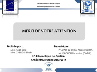 MERCI DE VOTRE ATTENTION
Réalisée par :
Pr .QADI EL IDRISSI Abdelmjid(FPL)
Mr. RACHDI El houssine (ONDA)
Mlle. RAJY Sara
Mlle. CHERQUI Zineb
Encadré par:
UNIVERSITE ABDELMALEK ESSAADI
Faculté Polydisciplinaire de Larache
LP. Informatique de Gestion
Année Universitaire:2013/2014
 