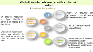 Généralités sur les onduleurs raccordés au réseau él
ectrique
 Les types des onduleurs
Onduleur
autonome
c’est un onduleur qui
impose sa propre fréquence
à sa tension de sortie
Onduleur
non
autonome
un onduleur nécessitant
un signal d’entrée à
partir d’un réseau pour
fonctionner
est un onduleur solaire
lie au réseau
Onduleur
on grid
Onduleur
off grid
un onduleur hors connexion,
utilisés pour électrifier les
sites isoles qui ne sont pas
reliés au réseau électrique
local Onduleur
hybride
05
permet de choisir et d’orienter
l’énergie renouvelable,
l’énergie du réseau et l’énergie
du stockage en fonction de la
consommation
7
 