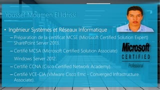 • Ingénieur Systèmes et Réseaux Informatique
– Préparation de la certificat MCSE (Microsoft Certified Solution Expert)
SharePoint Server 2013.
– Certifié MCSA (Microsoft Certified Solution Associate)
Windows Server 2012.
– Certifié CCNA (Cisco Certified Network Academy).
– Certifié VCE-CIA (VMware Cisco Emc - Converged Infrastructure
Associate).
 