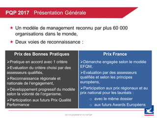 2017/CADR/N°01/V1AFQP
PQP 2017 Présentation Générale
« Un modèle de management reconnu par plus 60 000
organisations dans le monde,
« Deux voies de reconnaissance :
Prix France
ØDémarche engagée selon le modèle
EFQM,
ØEvaluation par des assesseurs
qualifiés et selon les principes
européens,
ØParticipation aux prix régionaux et au
prix national pour les lauréats :
o avec le même dossier
o aux futurs Awards Européens
Prix des Bonnes Pratiques
ØPratique en accord avec 1 critère
ØEvaluation du critère choisi par des
assesseurs qualifiés,
ØReconnaissance régionale et
nationale de l’engagement,
ØDéveloppement progressif du modèle
selon la volonté de l’organisme.
ØParticipation aux futurs Prix Qualité
Performance
 