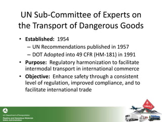 UN Sub-Committee of Experts on
the Transport of Dangerous Goods
• Established: 1954
– UN Recommendations published in 1957
– DOT Adopted into 49 CFR (HM-181) in 1991
• Purpose: Regulatory harmonization to facilitate
intermodal transport in international commerce
• Objective: Enhance safety through a consistent
level of regulation, improved compliance, and to
facilitate international trade
 
