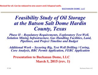 07-340 Buchanan Dome, LLC
Revised for oil. Can be reduced to one cavern and 2 disposal wells.
BUCHANAN DOME, LLC
Feasibility Study of Oil Storage
at the Batson Salt Dome Hardin
County, Texas
Phase II – Regulatory Requirements, Exploratory Test Well,
Solution Mining Infrastructure, Gas Handling Facilities, Land,
Pipelines, and Project Timeline and Budget
Additional Work – Securing Rig, Test Well Drilling / Coring,
Core Analysis, RRC Permit Application, FERC Application
Presentation to Buchanan Dome, LLC
March 5, 2015 (rev. 1)
 