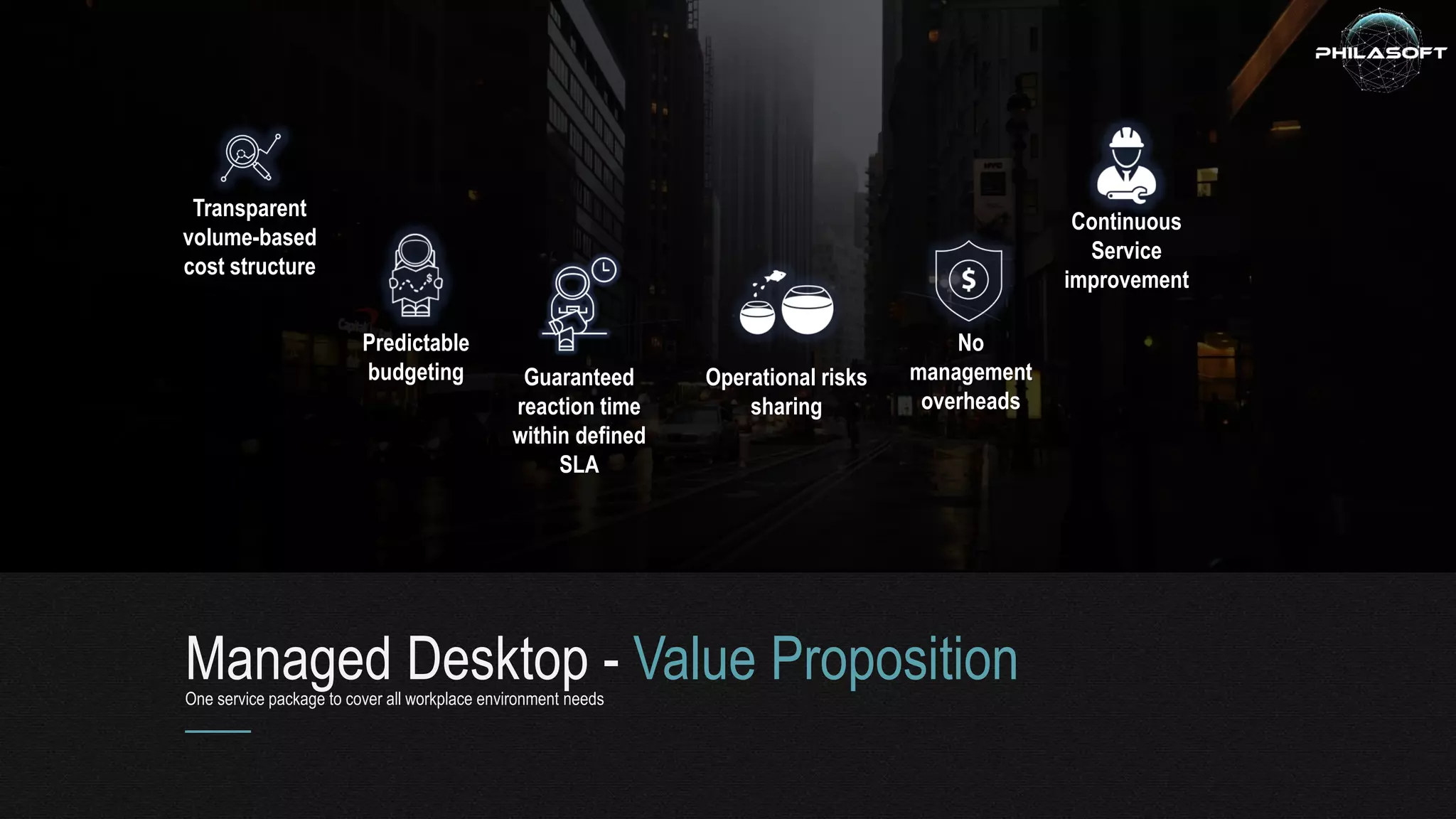 Transparent
volume-based
cost structure
Continuous
Service
improvement
No
management
overheads
Operational risks
sharing
Predictable
budgeting Guaranteed
reaction time
within defined
SLA
Managed Desktop - Value PropositionOne service package to cover all workplace environment needs
 