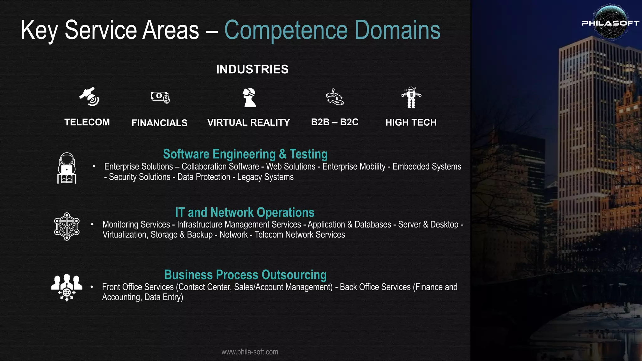 Key Service Areas – Competence Domains
Software Engineering & Testing
IT and Network Operations
• Monitoring Services - Infrastructure Management Services - Application & Databases - Server & Desktop -
Virtualization, Storage & Backup - Network - Telecom Network Services
• Enterprise Solutions – Collaboration Software - Web Solutions - Enterprise Mobility - Embedded Systems
- Security Solutions - Data Protection - Legacy Systems
Business Process Outsourcing
• Front Office Services (Contact Center, Sales/Account Management) - Back Office Services (Finance and
Accounting, Data Entry)
INDUSTRIES
TELECOM FINANCIALS VIRTUAL REALITY B2B – B2C HIGH TECH
www.phila-soft.com
 