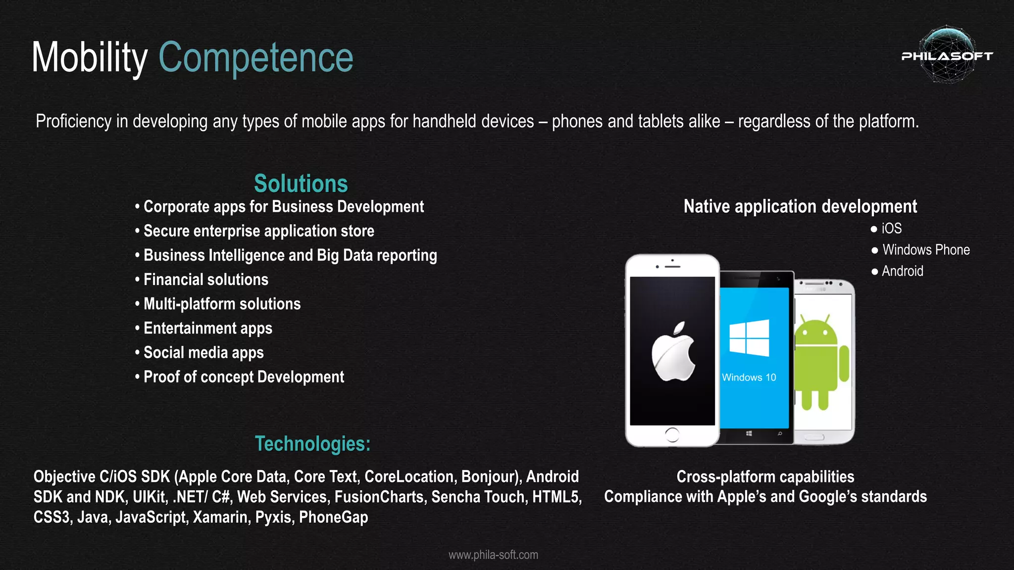 Mobility Competence
Proficiency in developing any types of mobile apps for handheld devices – phones and tablets alike – regardless of the platform.
Native application development
● iOS
● Windows Phone
● Android
Cross-platform capabilities
Compliance with Apple’s and Google’s standards
Solutions
• Corporate apps for Business Development
• Secure enterprise application store
• Business Intelligence and Big Data reporting
• Financial solutions
• Multi-platform solutions
• Entertainment apps
• Social media apps
• Proof of concept Development
Technologies:
Objective C/iOS SDK (Apple Core Data, Core Text, CoreLocation, Bonjour), Android
SDK and NDK, UIKit, .NET/ C#, Web Services, FusionCharts, Sencha Touch, HTML5,
CSS3, Java, JavaScript, Xamarin, Pyxis, PhoneGap
www.phila-soft.com
 