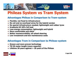 Phileas System vs Tram System
Advantages Phileas in Comparison to Tram-system
 Flexible; not fixed to infrastructure
 No r...