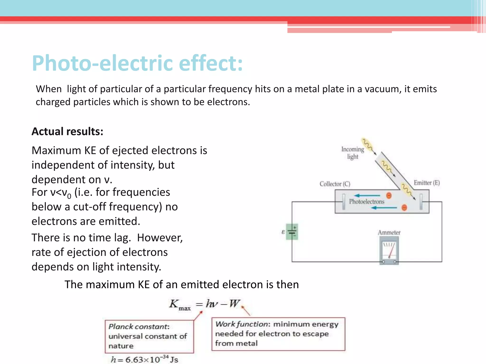 Photo-electric effect:
When light of particular of a particular frequency hits on a metal plate in a vacuum, it emits
charged particles which is shown to be electrons.
Actual results:
Maximum KE of ejected electrons is
independent of intensity, but
dependent on ν.
For ν<ν0 (i.e. for frequencies
below a cut-off frequency) no
electrons are emitted.
There is no time lag. However,
rate of ejection of electrons
depends on light intensity.
The maximum KE of an emitted electron is then
 