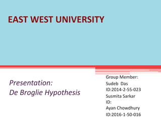 EAST WEST UNIVERSITY
Group Member:
Sudeb Das
ID:2014-2-55-023
Susmita Sarkar
ID:
Ayan Chowdhury
ID:2016-1-50-016
Presentation:
De Broglie Hypothesis
 