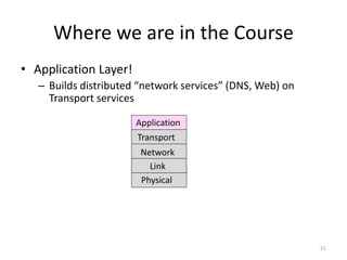 Where we are in the Course
• Application Layer!
– Builds distributed “network services” (DNS, Web) on
Transport services
21
Physical
Link
Application
Network
Transport
 