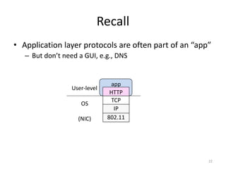 Recall
• Application layer protocols are often part of an “app”
– But don’t need a GUI, e.g., DNS
22
TCP
IP
802.11
HTTP
app
OS
User-level
(NIC)
 