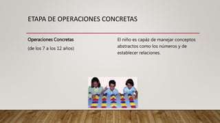 ETAPA DE OPERACIONES CONCRETAS
Operaciones Concretas
(de los 7 a los 12 años)
El niño es capáz de manejar conceptos
abstractos como los números y de
establecer relaciones.
 
