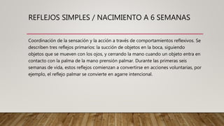 REFLEJOS SIMPLES / NACIMIENTO A 6 SEMANAS
Coordinación de la sensación y la acción a través de comportamientos reflexivos. Se
describen tres reflejos primarios: la succión de objetos en la boca, siguiendo
objetos que se mueven con los ojos, y cerrando la mano cuando un objeto entra en
contacto con la palma de la mano prensión palmar. Durante las primeras seis
semanas de vida, estos reflejos comienzan a convertirse en acciones voluntarias, por
ejemplo, el reflejo palmar se convierte en agarre intencional.
 