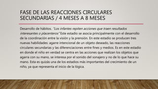 FASE DE LAS REACCIONES CIRCULARES
SECUNDARIAS / 4 MESES A 8 MESES
Desarrollo de hábitos. "Los infantes repiten acciones que traen resultados
interesantes o placenteros” Este estadío se asocia principalmente con el desarrollo
de la coordinación entre la visión y la prensión. En este estadio se producen tres
nuevas habilidades: agarre intencional de un objeto deseado, las reacciones
circulares secundarias y las diferenciaciones entre fines y medios. Es en este estadio
en donde el niño en verdad se centra en las acciones que realizan los objetos que
agarra con su mano, se interesa por el sonido del sonajero y no de lo que hace su
mano. Esta es quizás una de los estadios más importantes del crecimiento de un
niño, ya que representa el inicio de la lógica.
 