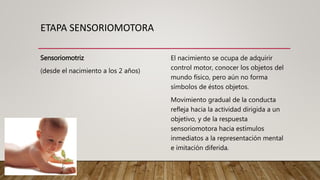 ETAPA SENSORIOMOTORA
Sensoriomotriz
(desde el nacimiento a los 2 años)
El nacimiento se ocupa de adquirir
control motor, conocer los objetos del
mundo físico, pero aún no forma
símbolos de éstos objetos.
Movimiento gradual de la conducta
refleja hacia la actividad dirigida a un
objetivo, y de la respuesta
sensoriomotora hacia estímulos
inmediatos a la representación mental
e imitación diferida.
 