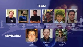 Romulo Carvalho
CEO
Gustavo Azevedo
CFO
Pedro Darma
CTO
Leonardo Chebly
JCHEBLY
SouBH
Vitor Ferreira
COO
Rodrigo Ribeiro
Dev Android
Vinicius Torres
Prolab
AB Inbev
Luiz Henrique
Ergos
CEMIG
Silvio Azevedo
CCO
 