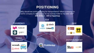 EXPERIENCE EASE
ENTERTAINMENT
SHARED
ECONOMY
B2B
"Why should we continue paying for transportation? What is missing for
some company to start paying for my subway ticket or my Uber ride?“
Dirk Ahlborn - CEO at Hyperloop
 