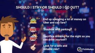 End up spending a lot of money on
Uber and cab fare?
Troubles with parking?
Sacrifice drinking for the night so you
can drive yourself?
Look for a safe and
reliable ride?
 