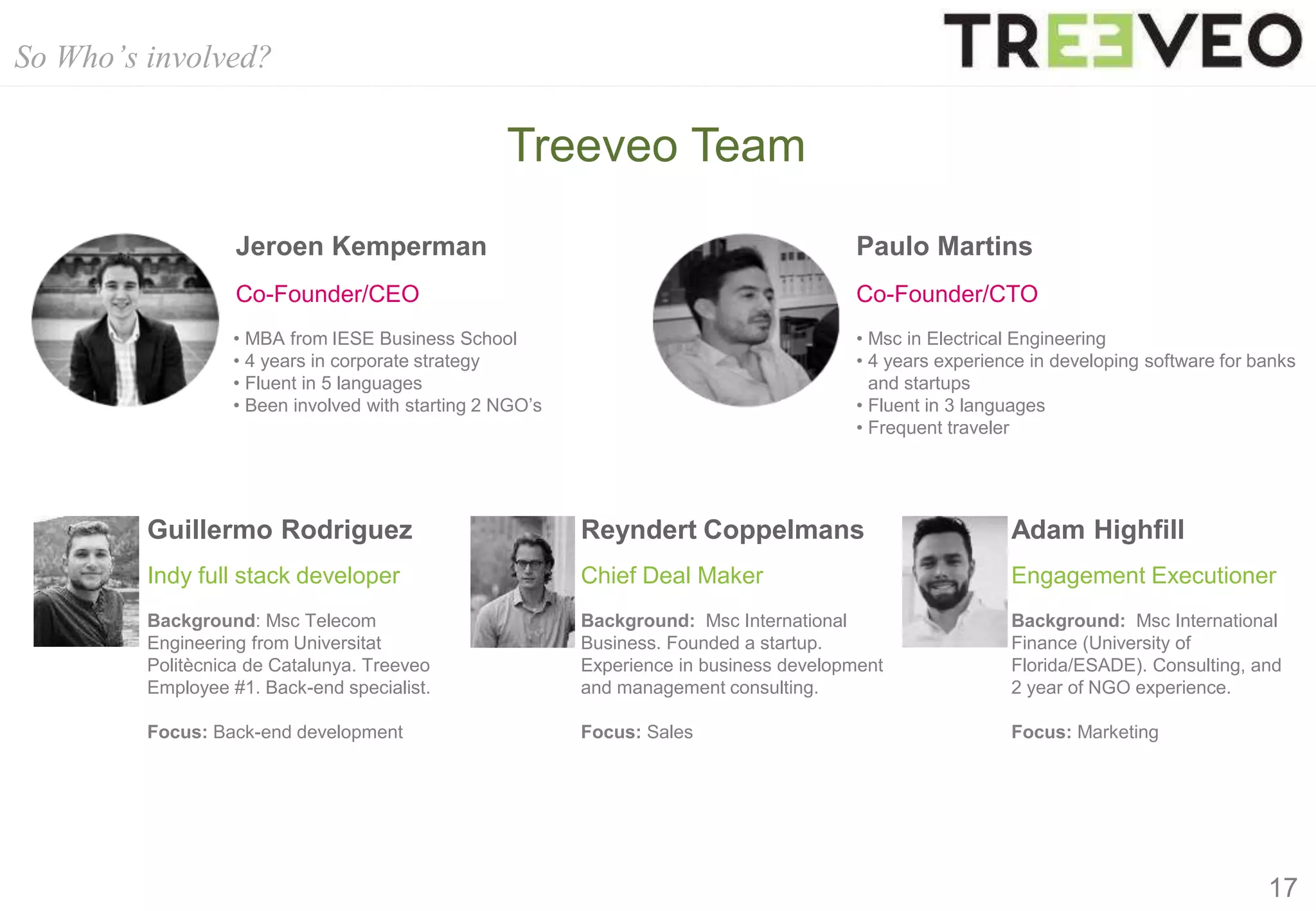 So Who’s involved?
17
Treeveo Team
• MBA from IESE Business School
• 4 years in corporate strategy
• Fluent in 5 languages
• Been involved with starting 2 NGO’s
• Msc in Electrical Engineering
• 4 years experience in developing software for banks
and startups
• Fluent in 3 languages
• Frequent traveler
Jeroen Kemperman Paulo Martins
Reyndert Coppelmans
Background: Msc International
Business. Founded a startup.
Experience in business development
and management consulting.
Focus: Sales
Chief Deal Maker
Adam Highfill
Background: Msc International
Finance (University of
Florida/ESADE). Consulting, and
2 year of NGO experience.
Focus: Marketing
Engagement Executioner
Co-Founder/CEO Co-Founder/CTO
Guillermo Rodriguez
Background: Msc Telecom
Engineering from Universitat
Politècnica de Catalunya. Treeveo
Employee #1. Back-end specialist.
Focus: Back-end development
Indy full stack developer
 