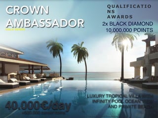 2x BLACK DIAMOND
10.000.000 POINTS
+500.000 career coins
40.000€/day
LUXURY TROPICAL VILLA WITH
INFINITY POOL OCEAN VIEW
AND PRIVATE BEACH
CAP
GOLD SERIES
Any earnings or success you achieve will vary according to the geographical location, time, and effort applied to your particular business and is not quaranteed by COINSPACE, its management, staff, or Member
Q U A L I F I CA TI O
NS
A W A R D S
 