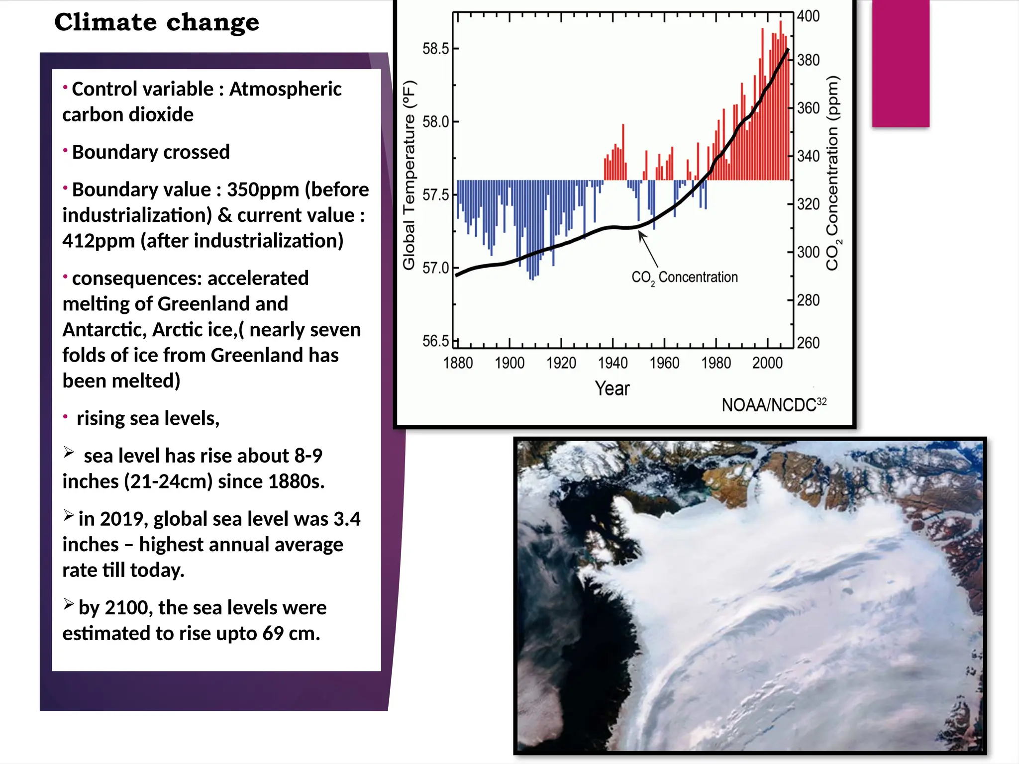 • Control variable : Atmospheric
carbon dioxide
• Boundary crossed
• Boundary value : 350ppm (before
industrialization) & current value :
412ppm (after industrialization)
• consequences: accelerated
melting of Greenland and
Antarctic, Arctic ice,( nearly seven
folds of ice from Greenland has
been melted)
• rising sea levels,
 sea level has rise about 8-9
inches (21-24cm) since 1880s.
 in 2019, global sea level was 3.4
inches – highest annual average
rate till today.
 by 2100, the sea levels were
estimated to rise upto 69 cm.
Climate change
 