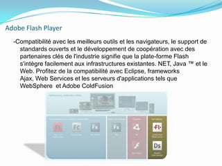 Adobe Flash Player-Compatibilité avec les meilleurs outils et les navigateurs, le support de standards ouverts et le développement de coopération avec des partenaires clés de l'industrie signifie que la plate-forme Flash s'intègre facilement aux infrastructures existantes. NET, Java ™ et le Web. Profitez de la compatibilité avec Eclipse, frameworks Ajax, Web Services et les serveurs d'applications tels que WebSphere  et Adobe ColdFusion