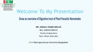 Welcome To My Presentation
MD. ASMAUL HAQUE MOLLIK
REG: AGRW2015000125
Faculty of Agriculture
Term: Winter 2016 (4th)
EXIM Bank Agricultural University Bangladesh
DrawanoverviewofDigestivetractofPlantParasiticNematodes
 