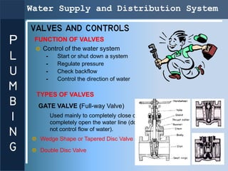 Water Supply and Distribution System

    VALVES AND CONTROLS
P    FUNCTION OF VALVES
       Control of the water system
L...