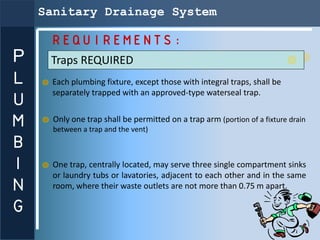 Sanitary Drainage System

     REQUIREMENTS:
P    Traps REQUIRED
L    Each plumbing fixture, except those with integral tr...