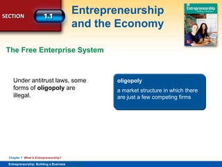 SECTION
Entrepreneurship
and the Economy
Entrepreneurship: Building a Business
Chapter 1 What is Entrepreneurship?
Under antitrust laws, some
forms of oligopoly are
illegal.
oligopoly
a market structure in which there
are just a few competing firms
The Free Enterprise System
 