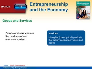 SECTION
Entrepreneurship
and the Economy
Entrepreneurship: Building a Business
Chapter 1 What is Entrepreneurship?
Goods and services are
the products of our
economic system.
Goods and Services
goods
tangible (or physical) products of
our economic system that satisfy
consumers’ wants and needs
services
intangible (nonphysical) products
that satisfy consumers’ wants and
needs
 