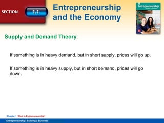 SECTION
Entrepreneurship
and the Economy
Entrepreneurship: Building a Business
Chapter 1 What is Entrepreneurship?
If something is in heavy demand, but in short supply, prices will go up.
If something is in heavy supply, but in short demand, prices will go
down.
Supply and Demand Theory
 
