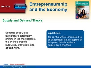 SECTION
Entrepreneurship
and the Economy
Entrepreneurship: Building a Business
Chapter 1 What is Entrepreneurship?
Because supply and
demand are continually
shifting in the marketplace,
the change creates
surpluses, shortages, and
equilibrium.
equilibrium
the point at which consumers buy
all of a product that is supplied; at
this point, there is neither a
surplus nor a shortage
Supply and Demand Theory
 