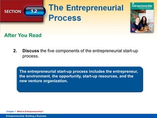 SECTION
Entrepreneurship
and the Economy
Entrepreneurship: Building a Business
Chapter 1 What is Entrepreneurship?
2. Discuss the five components of the entrepreneurial start-up
process.
After You Read
The entrepreneurial start-up process includes the entrepreneur,
the environment, the opportunity, start-up resources, and the
new venture organization.
 