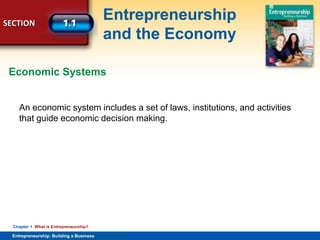 SECTION
Entrepreneurship
and the Economy
Entrepreneurship: Building a Business
Chapter 1 What is Entrepreneurship?
An economic system includes a set of laws, institutions, and activities
that guide economic decision making.
Economic Systems
 