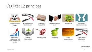 SATISFACTION DU
CLIENT
ACCOMMODER LE
CHANGEMENT
LIVRAISON
FRÉQUENTE
INTERACTION AVEC
LE PO
MOTIVATION DISCUSSION /
COMMUNICATION
MESURE DU
PROGRÈS PAR LES
FONCTIONNALITÉS
LIVRÉS
RYTHME
SOUTENABLE
HAUTE QUALITÉ SIMPLICITÉ AUTO-
ORGANISATION
AJUSTEMENTS
CONSTANTS
17
L’agilité: 12 principes
14 janvier 2019
Manifeste Agile
 