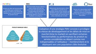 Minimal Viable Product (MVP) is
used to avoid cost and risk
associated with developing the
wrong product by testing a
hypothesis, reducing waste, or
increasing speed to customers for
feedback and adoption.
L’adoption d’une stratégie PMV consiste à privilégier
la vitesse de développement et les délais de mise en
marché (time to market) en sacrifiant certaines
fonctionnalités ou performances du produit ou
service considérées au départ comme non
indispensables à l’utilisateur – membre/client et le
déployant vers une population cible évolutive
Mécanisme de priorisation utilisé
pour définir la portée d’une
première version d’une solution, en
identifiant le plus petit nombre de
fonctionnalités qui livreront de la
valeur attendue par le client
Version of a new product which
allows a team to collect the
maximum amount of validated
learning about customers with the
least effort.
Produit qui offre de fonctionnalités
minimales pour satisfaire les
besoins du client et qui donne du
feedback pour le développement
du produit future
 