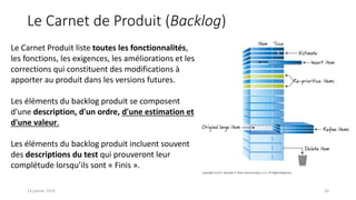 24
Le Carnet de Produit (Backlog)
Le Carnet Produit liste toutes les fonctionnalités,
les fonctions, les exigences, les améliorations et les
corrections qui constituent des modifications à
apporter au produit dans les versions futures.
Les éléments du backlog produit se composent
d'une description, d'un ordre, d'une estimation et
d'une valeur.
Les éléments du backlog produit incluent souvent
des descriptions du test qui prouveront leur
complétude lorsqu’ils sont « Finis ».
14 janvier 2019
 