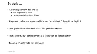 Et puis …
• Accompagnement des projets
• Plus exigeant que prévu
• La portée trop limitée au départ
• Emphase sur les pratiques au détriment du mindset / objectifs de l’agilité
• Très grande demande mais aussi très grandes attentes
• Transition du BLP parallèlement à la transition de l’organisation
• Manque d’uniformité des pratiques
3314 janvier 2019
 